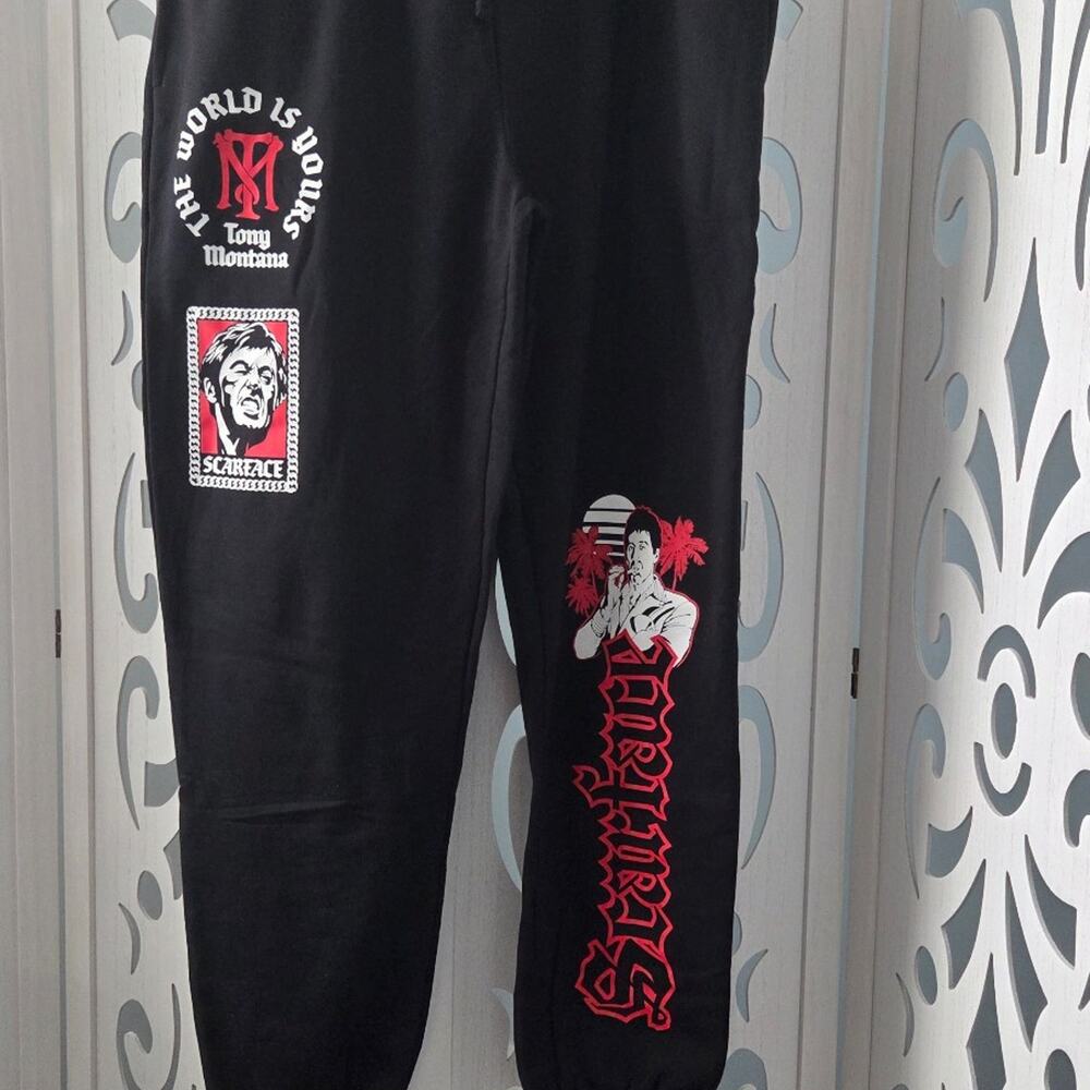 Scarface Tony Montana Jogger Sweatpants Black Graphic Fleece Pants Large NWOT